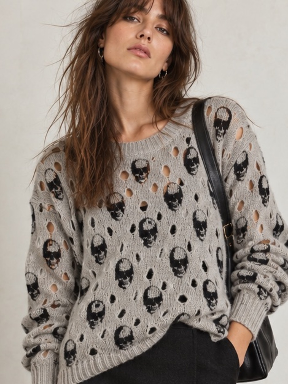 Skull Cashmere 100% Cashmere Grey Skull Cutout Knit Sweater Size Small